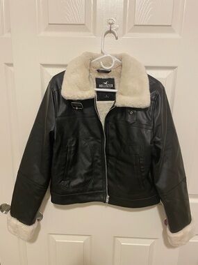 Hollister Black Faux-Leather Jacket with Cream Shearling Trim